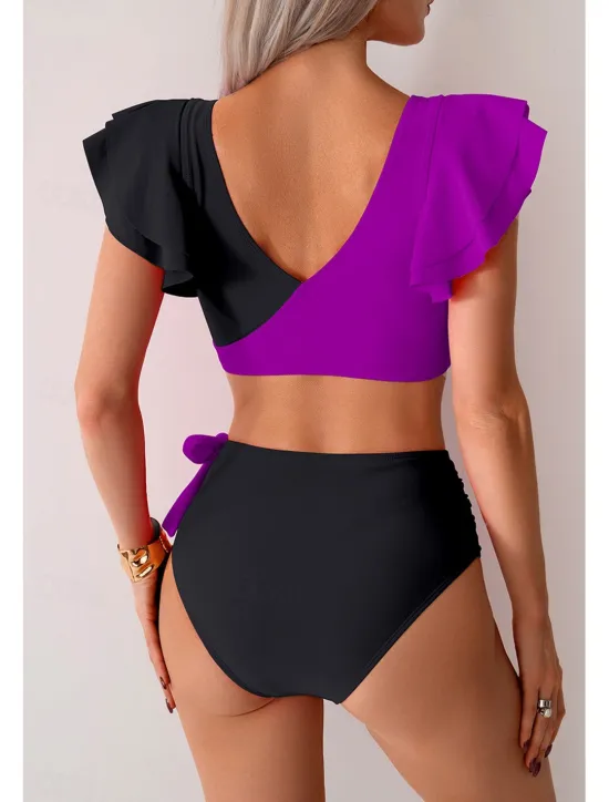 Clearance Women's Swimwear Bikini Swimsuit High Waisted Tropical Beach Wear Color Block V Wire Sleeveless Bathing Suits Women Bikinis