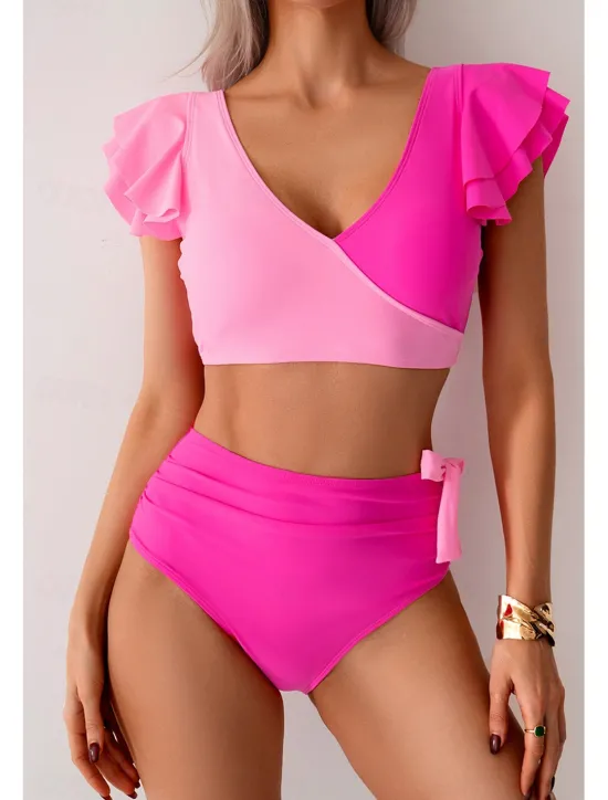 Clearance Women's Swimwear Bikini Swimsuit High Waisted Tropical Beach Wear Color Block V Wire Sleeveless Bathing Suits Women Bikinis