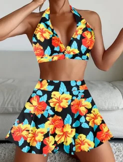 Women's Swimwear Bikini Tankini 2 Piece Cheeky Swimsuit Deep V Push Up Knitted Vacation Tropical Floral Paisley Plunge Sleeveless Bathing Suits Women Bikinis