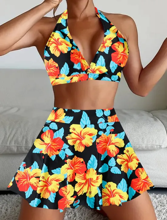 Women's Swimwear Bikini Tankini 2 Piece Cheeky Swimsuit Deep V Push Up Knitted Vacation Tropical Floral Paisley Plunge Sleeveless Bathing Suits Women Bikinis