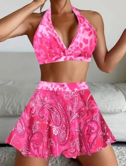 Women's Swimwear Bikini Tankini 2 Piece Cheeky Swimsuit Deep V Push Up Knitted Vacation Tropical Floral Paisley Plunge Sleeveless Bathing Suits Women Bikinis