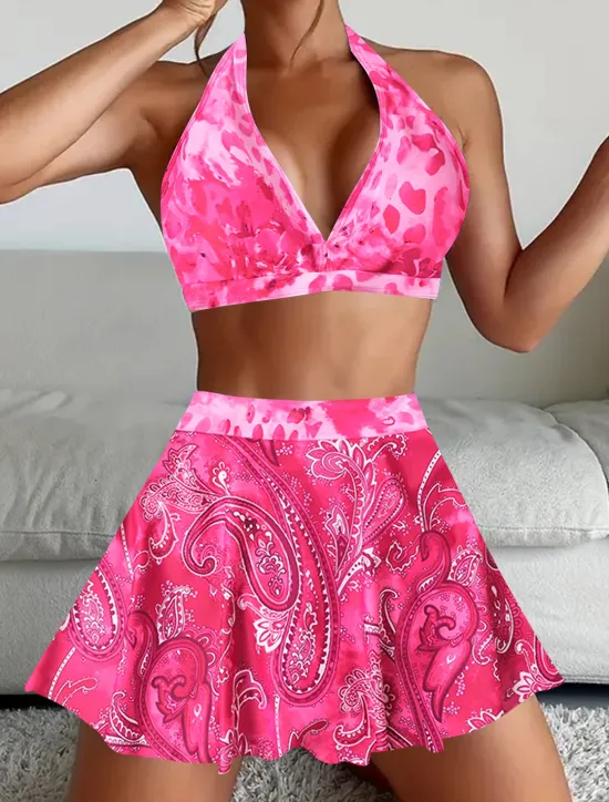 Women's Swimwear Bikini Tankini 2 Piece Cheeky Swimsuit Deep V Push Up Knitted Vacation Tropical Floral Paisley Plunge Sleeveless Bathing Suits Women Bikinis