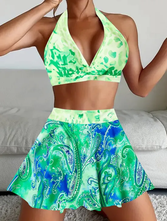 Women's Swimwear Bikini Tankini 2 Piece Cheeky Swimsuit Deep V Push Up Knitted Vacation Tropical Floral Paisley Plunge Sleeveless Bathing Suits Women Bikinis
