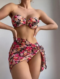 Discount Women's Swimwear Bikini Three Piece Skirt Swimsuit Backless Slim Vacation Beach Wear Floral Strapless Sleeveless Bathing Suits Women Bikinis
