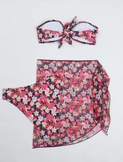 Discount Women's Swimwear Bikini Three Piece Skirt Swimsuit Backless Slim Vacation Beach Wear Floral Strapless Sleeveless Bathing Suits Women Bikinis