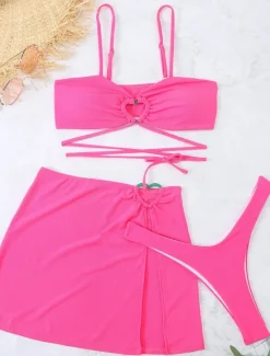 Online Women's Swimwear Bikini Three Piece Skirt Swimsuit Backless Slim Vacation Beach Wear Solid Color Halter Neck Sleeveless Bathing Suits Women Bikinis