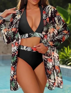 Discount Women's Swimwear Bikini Three Piece Briefs Swimsuit Backless Slim High Waisted Vacation Beach Wear Floral Halter Neck Long Sleeve Bathing Suits Women Bikinis