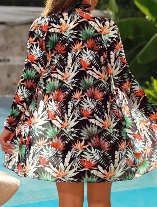 Discount Women's Swimwear Bikini Three Piece Briefs Swimsuit Backless Slim High Waisted Vacation Beach Wear Floral Halter Neck Long Sleeve Bathing Suits Women Bikinis