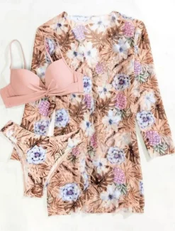 Sale Women's Swimwear Bikini Three Piece Cheeky Swimsuit Backless Slim Vacation Beach Wear Floral V Neck Long Sleeve Bathing Suits Women Bikinis