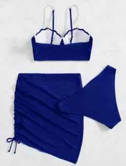 Women's Swimwear Bikini Three Piece Skirt Swimsuit Backless Slim Vacation Beach Wear Solid Color V Neck Sleeveless Bathing Suits Women Bikinis