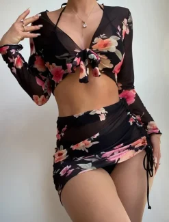 Outlet Women's Swimwear Bikini Three Piece Cheeky Swimsuit Backless Slim Vacation Beach Wear Solid Color Halter Neck Sleeveless Long Sleeve Bathing Suits Women Bikinis