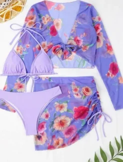 Outlet Women's Swimwear Bikini Three Piece Cheeky Swimsuit Backless Slim Vacation Beach Wear Solid Color Halter Neck Sleeveless Long Sleeve Bathing Suits Women Bikinis