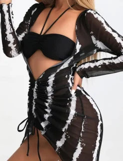 Outlet Women's Swimwear Bikini Three Piece Cheeky Swimsuit Backless Slim Vacation Beach Wear Stripe Halter Neck Sleeveless Bathing Suits Women Bikinis