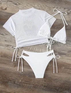 Sale Women's Swimwear Bikini Three Piece Cheeky Swimsuit Backless Slim Vacation Beach Wear Graphic High Neck Short Sleeves Bathing Suits Women Bikinis