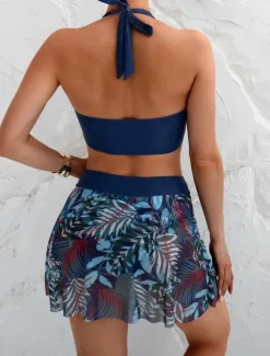 Best Women's Swimwear Bikini Three Piece Skirt Swimsuit Backless Slim Vacation Beach Wear Leaves Halter Neck Sleeveless Bathing Suits Women Bikinis