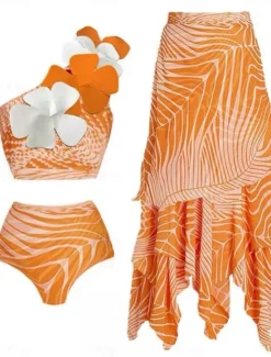 Best Women's Swimwear Bikini Three Piece Briefs Swimsuit Backless Slim Vacation Beach Wear Leaves Halter Neck Sleeveless Bathing Suits Women Bikinis