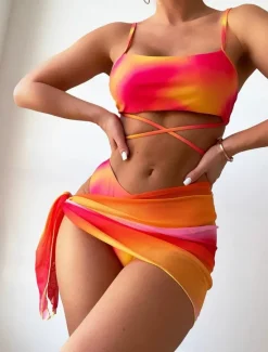 Clearance Women's Swimwear Bikini Three Piece Cheeky Swimsuit Backless Slim Vacation Beach Wear Ombre Sleeveless Bathing Suits Women Bikinis