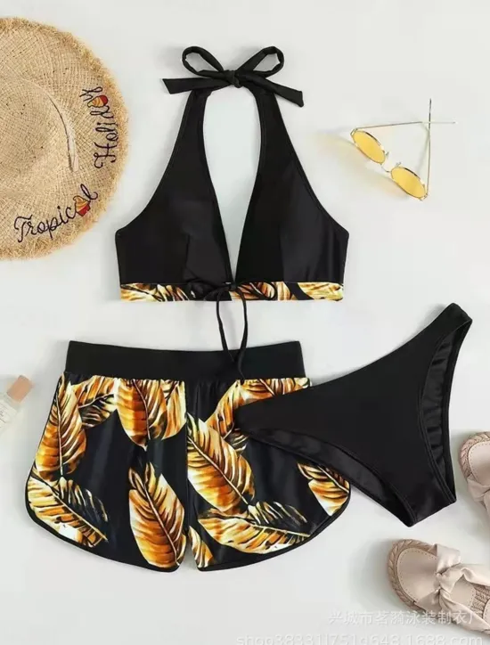Clearance Women's Swimwear Bikini Three Piece Cheeky Swimsuit Backless Slim Vacation Beach Wear Graphic Halter Neck Sleeveless Bathing Suits Women Bikinis
