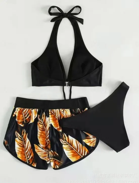 Clearance Women's Swimwear Bikini Three Piece Cheeky Swimsuit Backless Slim Vacation Beach Wear Graphic Halter Neck Sleeveless Bathing Suits Women Bikinis