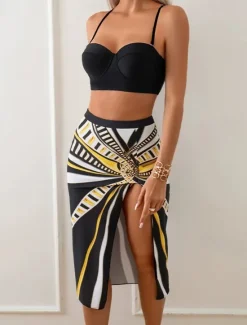Hot Women's Swimwear Bikini Three Piece Swimsuit Backless High Waisted Tropical Beach Wear Geometric U Neck Sleeveless Bathing Suits Women Bikinis