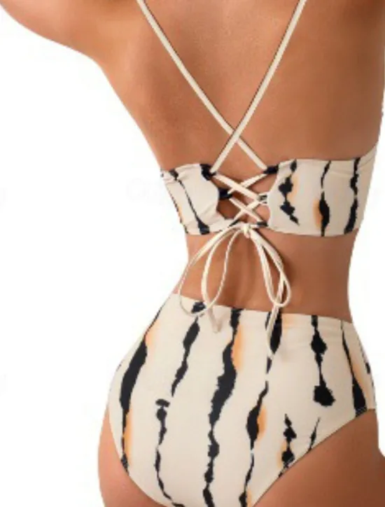 Hot Women's Swimwear Bikini Three Piece Swimsuit Backless High Waisted Tropical Beach Wear Geometric U Neck Sleeveless Bathing Suits Women Bikinis