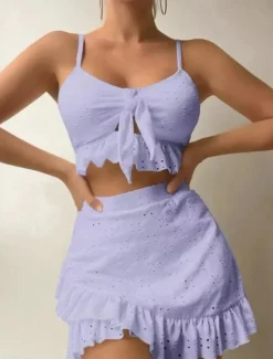 Best Women's Swimwear Bikini Three Piece Skirt Swimsuit Backless Slim Vacation Beach Wear Solid Color V Neck Sleeveless Bathing Suits Women Bikinis