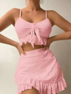 Best Women's Swimwear Bikini Three Piece Skirt Swimsuit Backless Slim Vacation Beach Wear Solid Color V Neck Sleeveless Bathing Suits Women Bikinis