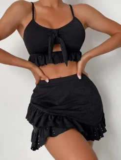 Best Women's Swimwear Bikini Three Piece Skirt Swimsuit Backless Slim Vacation Beach Wear Solid Color V Neck Sleeveless Bathing Suits Women Bikinis