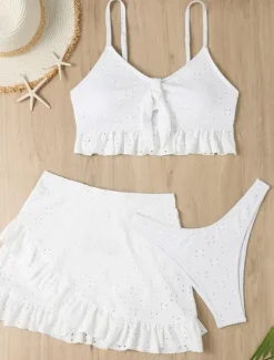 Best Women's Swimwear Bikini Three Piece Skirt Swimsuit Backless Slim Vacation Beach Wear Solid Color V Neck Sleeveless Bathing Suits Women Bikinis