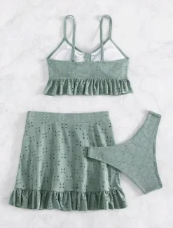 Best Women's Swimwear Bikini Three Piece Skirt Swimsuit Backless Slim Vacation Beach Wear Solid Color V Neck Sleeveless Bathing Suits Women Bikinis