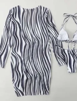 Discount Women's Swimwear Bikini Three Piece Cheeky Swimsuit Backless Slim Vacation Beach Wear Zebra Print Halter Neck Long Sleeve Bathing Suits Women Bikinis
