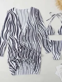 Discount Women's Swimwear Bikini Three Piece Cheeky Swimsuit Backless Slim Vacation Beach Wear Zebra Print Halter Neck Long Sleeve Bathing Suits Women Bikinis