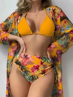 Women's Swimwear Bikini Three Piece Briefs Swimsuit Backless High Waist Slim Vacation Beach Wear Floral Halter Neck Long Sleeve Bathing Suits Women Bikinis