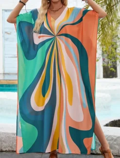 New Women's Swimwear Cover Up Swim Dress Swimsuit Vacation Beach Wear Geometric V Neck Long Sleeve Bathing Suits Women Colorful Swimwear|Cover Up