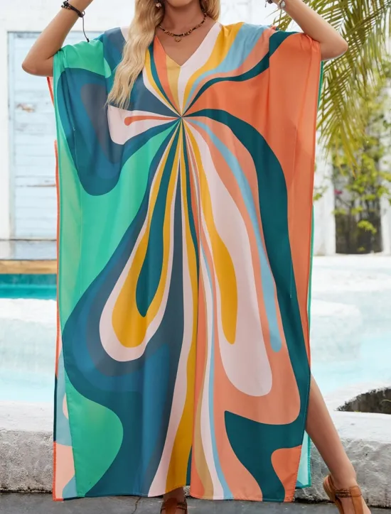 New Women's Swimwear Cover Up Swim Dress Swimsuit Vacation Beach Wear Geometric V Neck Long Sleeve Bathing Suits Women Colorful Swimwear|Cover Up