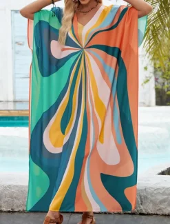 New Women's Swimwear Cover Up Swim Dress Swimsuit Vacation Beach Wear Geometric V Neck Long Sleeve Bathing Suits Women Colorful Swimwear|Cover Up
