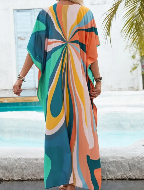 New Women's Swimwear Cover Up Swim Dress Swimsuit Vacation Beach Wear Geometric V Neck Long Sleeve Bathing Suits Women Colorful Swimwear|Cover Up