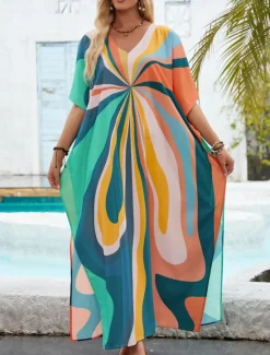 New Women's Swimwear Cover Up Swim Dress Swimsuit Vacation Beach Wear Geometric V Neck Long Sleeve Bathing Suits Women Colorful Swimwear|Cover Up