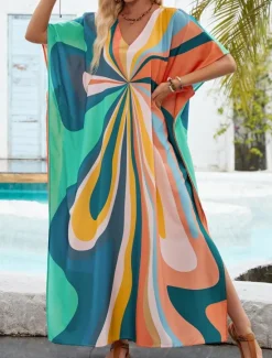 New Women's Swimwear Cover Up Swim Dress Swimsuit Vacation Beach Wear Geometric V Neck Long Sleeve Bathing Suits Women Colorful Swimwear|Cover Up
