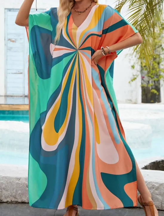 New Women's Swimwear Cover Up Swim Dress Swimsuit Vacation Beach Wear Geometric V Neck Long Sleeve Bathing Suits Women Colorful Swimwear|Cover Up