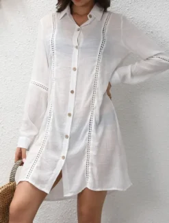 Hot Women's Swimwear Cover Up Beach Dresses Swimsuit Buttons Vacation Beach Wear Solid Color V Neck Long Sleeve Women Cover Up