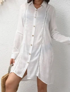 Hot Women's Swimwear Cover Up Beach Dresses Swimsuit Buttons Vacation Beach Wear Solid Color V Neck Long Sleeve Women Cover Up