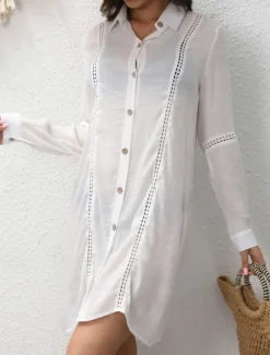 Hot Women's Swimwear Cover Up Beach Dresses Swimsuit Buttons Vacation Beach Wear Solid Color V Neck Long Sleeve Women Cover Up