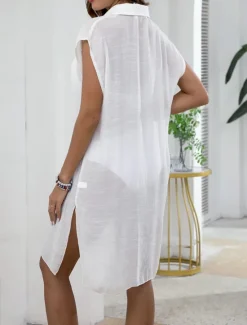 Sale Women's Swimwear Cover Up Swim Dress Swimsuit Buttons Vacation Beach Wear Solid Color V Neck Short Sleeves Bathing Suits Women Cover Up