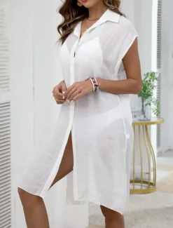 Sale Women's Swimwear Cover Up Swim Dress Swimsuit Buttons Vacation Beach Wear Solid Color V Neck Short Sleeves Bathing Suits Women Cover Up
