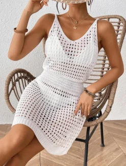 Women's Swimwear Cover Up Swim Dress Swimsuit Cut Out Vacation Beach Wear Solid Color V Neck Long Sleeve Bathing Suits Women Cover Up