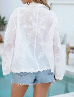 Hot Women's Swimwear Cover Up Swimsuit Lace Buttons Vacation Beach Wear Solid Color V Neck Long Sleeve Bathing Suits Women Cover Up