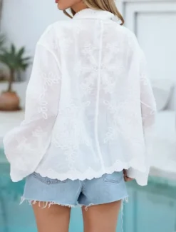 Hot Women's Swimwear Cover Up Swimsuit Lace Buttons Vacation Beach Wear Solid Color V Neck Long Sleeve Bathing Suits Women Cover Up