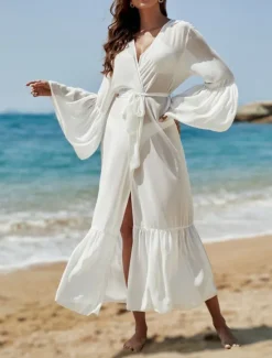 New Women's Swimwear Cover Up Swim Dress Swimsuit Tie Front Vacation Beach Wear Plain Long Sleeve Bathing Suits Women Cover Up
