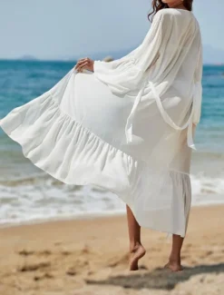 New Women's Swimwear Cover Up Swim Dress Swimsuit Tie Front Vacation Beach Wear Plain Long Sleeve Bathing Suits Women Cover Up